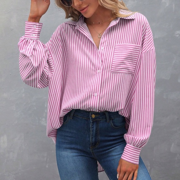 Classic Oversized Striped Button Down Boyfriend Shirt - Picture 6 of 8
